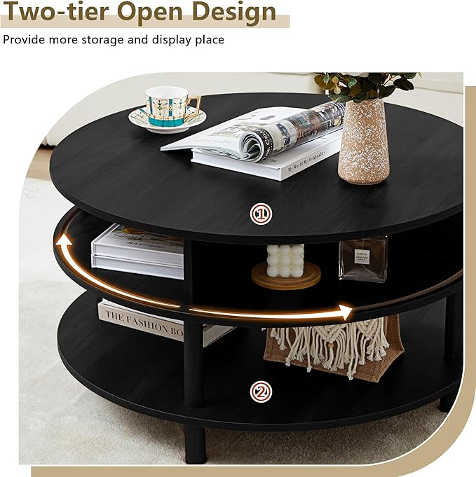 31.5” Round Coffee Table with Storage, Mid Century Modern 2 Tier Coffee Table with Tambour Sliding Door, Solid Wood Legs Fluted Center Table for Living Room Home Office Small Space, Black