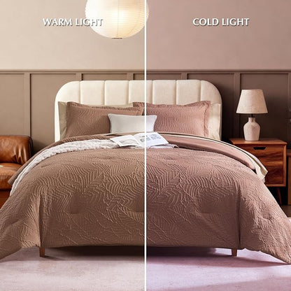 Geniospin Twin Comforter Set - 5 Pieces Brown Textured Bed in Bag, Twin Bedding Sets with Comforter, Sheets, Pillowcases & Shams，All Season Brown Bedding