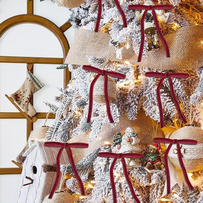 24 Pcs Red Velvet Christmas Ornaments, Rustic Velvet Bows for Christmas Tree, 5x7 Inch Pre-Tied Vintage Xmas Bows for Wreaths, Gifts and Holiday Home Décor, Ribbon Bows for Garland (3/8")