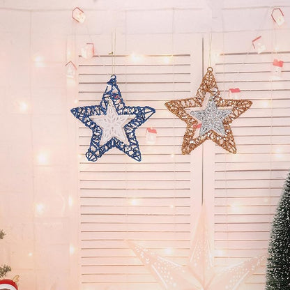 Set of 4 Hanging Star Christmas Ornaments, Glitter Star for Holiday Decorations, Winter Christmas Window Hanging Decor, 6" Diameter (Gold and Blue)