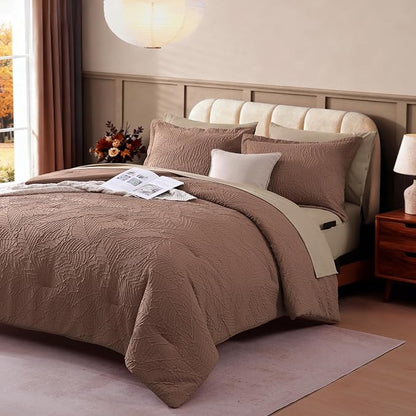 Geniospin Queen Comforter Set - 7 Pieces Brown Textured Queen Bedding Sets with Comforter, Sheets, Pillowcases & Shams，All Season Brown Bedding