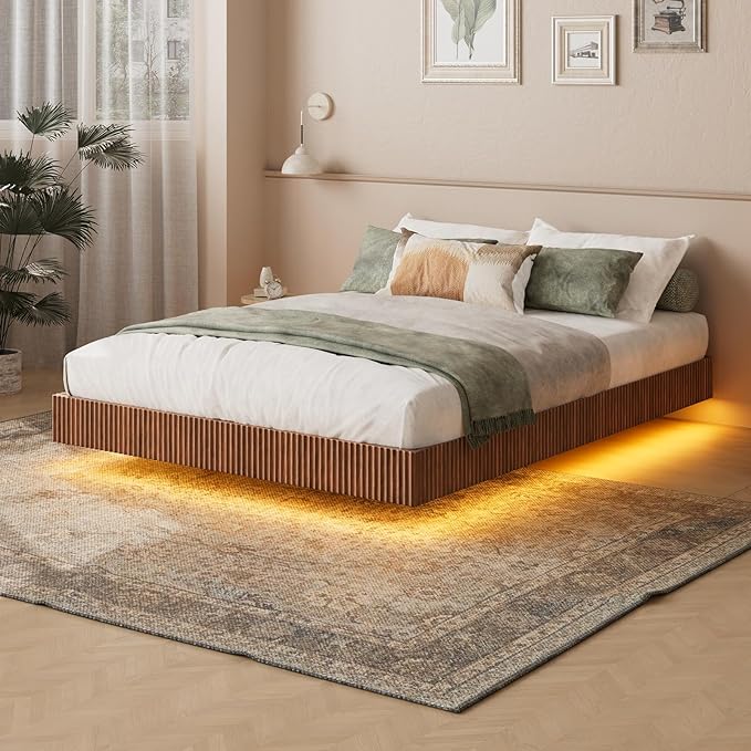 Evermagin Walnut Full Floating Bed Frame with led Lights, Mid Century Modern Fluted Floating Platform Bed No Headboard, Heavy Duty Metal Float Bedframe, No Box Spring Needed