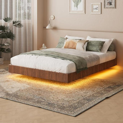 Evermagin Walnut Full Floating Bed Frame with led Lights, Mid Century Modern Fluted Floating Platform Bed No Headboard, Heavy Duty Metal Float Bedframe, No Box Spring Needed