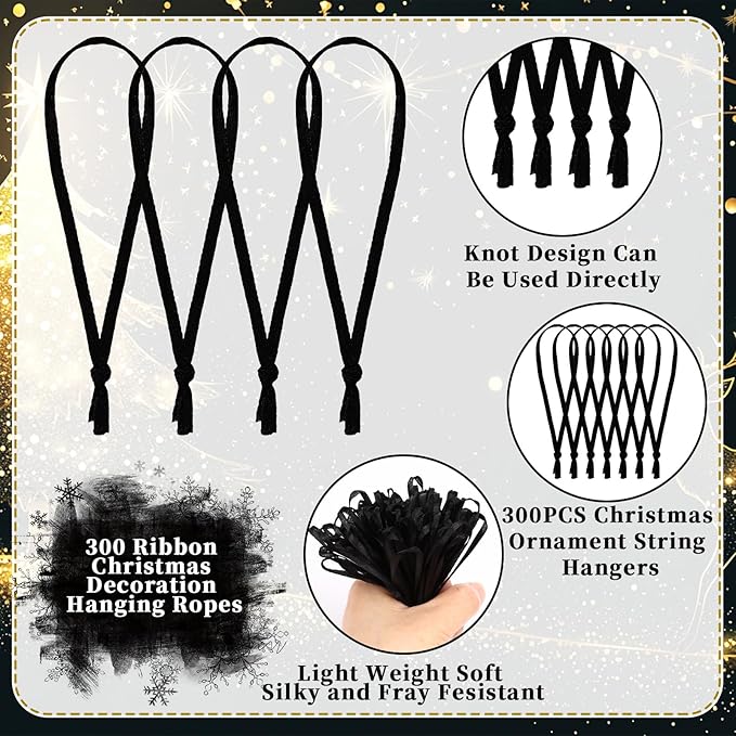 JUNEBRUSHS 300Pcs Christmas Ornament Ribbon Hangers, Hand Tied String Ties Ornament Loops Thin Ribbon for Ornaments Christmas Tree Hanging Decoration Black