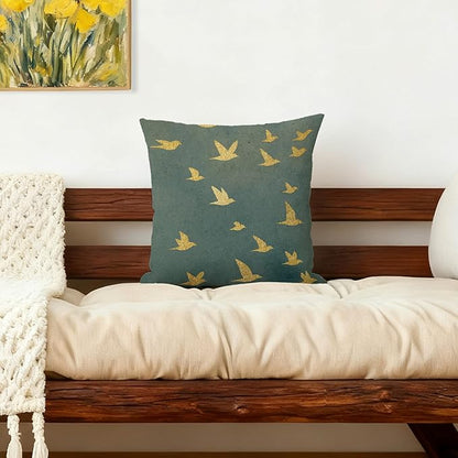 Japanese Elegant Gold Crane Bird Pillow Covers 18x18, Japandi Home Decor, Modern Minimalist Traditional Oriental Asian Birds Pillow Cover Pillowcase for Home Bedroom Bed Couch Living Room