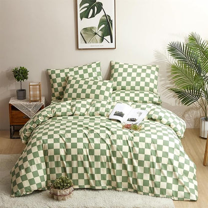 CLOTHKNOW Green White Plaid Full Size Comforter Sets Grid Bedding Comforter Sets Soft Checker Geometric Comforter with 2 x Pillow Cases