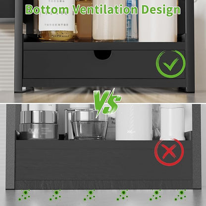 2-Tier Bathroom Counter Organizer with Drawer and Basket, Wood Countertop Organizer for Storage, Skincare Organizers for Vanity, Counter Shelf for Bathroom Organization, Black