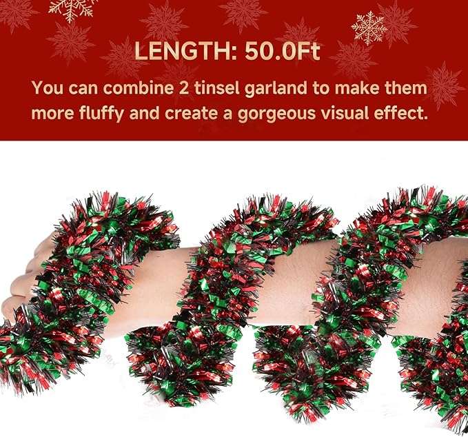 50Ft Christmas Tinsel Garland - Red Green Black Shiny Metallic Twist Decor for Christmas Tree Home Stairs Railing Front Door Mantle Fireplace Indoor Outdoor Holiday Party