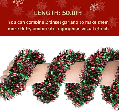 50Ft Christmas Tinsel Garland - Red Green Black Shiny Metallic Twist Decor for Christmas Tree Home Stairs Railing Front Door Mantle Fireplace Indoor Outdoor Holiday Party