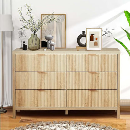 Fluted 6 Drawer Double Dresser for Bedroom, 47" Wide Modern Closet Dressers Chest of Drawers, Wood Storage Dresser Organizer for Nursery Bedroom Living Room Hallway Closet,Natural