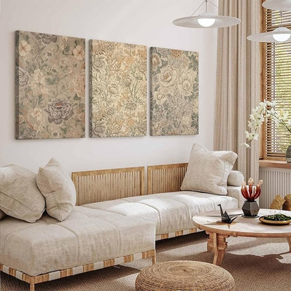 Vintage Flower Wall Art Decor Beige Floral Canvas Wall Art Botanical Rustic Pictures Prints Farmhouse Antique Painting Vintage Flower Poster for Living Room Bedroom 16x24 Inch Wrapped Canvas Set of 3