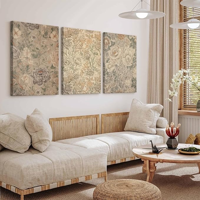 Vintage Flower Wall Art Decor Beige Floral Canvas Wall Art Botanical Rustic Pictures Prints Farmhouse Antique Painting Vintage Flower Poster for Living Room Bedroom 12x16 Inch Wrapped Canvas Set of 3