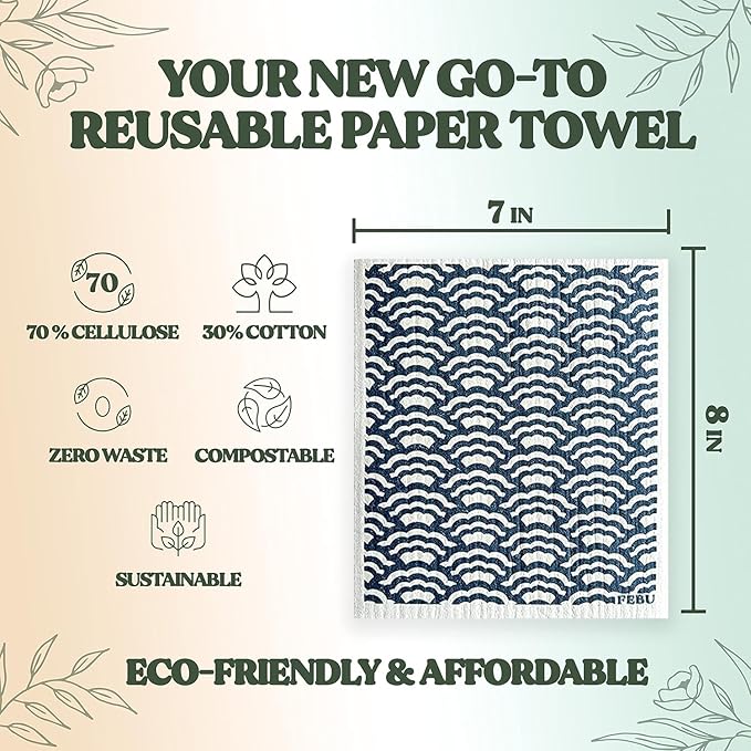 FEBU Swedish Dish Cloths 5 Pack Reusable Washable Kitchen Dish Towels, Eastern Pattern