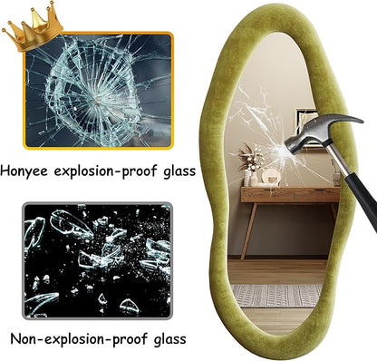 Honyee 55" x 24" Wall Mirror, Flannel Wrapped Wooden Frame Wavy Mirror, Irregular Mirror Hanging for Cloakroom/Bedroom/Living Room, Green