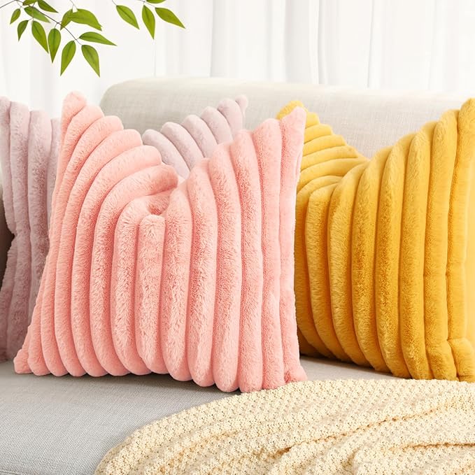 decorUhome Faux Fur Throw Pillow Covers 20x20 Set of 2, Decorative Soft Plush Striped Neutral Euro Pillow Covers with Velvet Back for Bed, Living Room Home Decor, Blush Pink