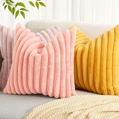 decorUhome Faux Fur Throw Pillow Covers 20x20 Set of 2, Decorative Soft Plush Striped Neutral Euro Pillow Covers with Velvet Back for Bed, Living Room Home Decor, Blush Pink