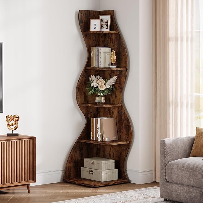Tribesigns Wavy Corner Shelf, Modern 5-Tier Bookshelf Bookcase with Curvy Shape, Unique Plant Stand Display Rack for Living Room Small Space (Brown)