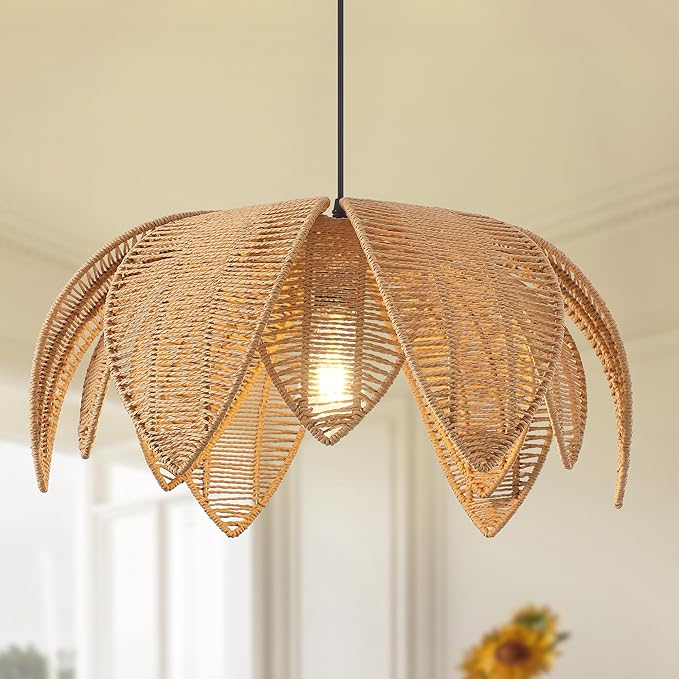 Hand Woven Rattan Chandelier, Boho Pendant Light 19.68 inches Wicker Light Fixture Suitable for Dining Room, Kitchen, Living Room, Farmhouse,E26 Lamp Base