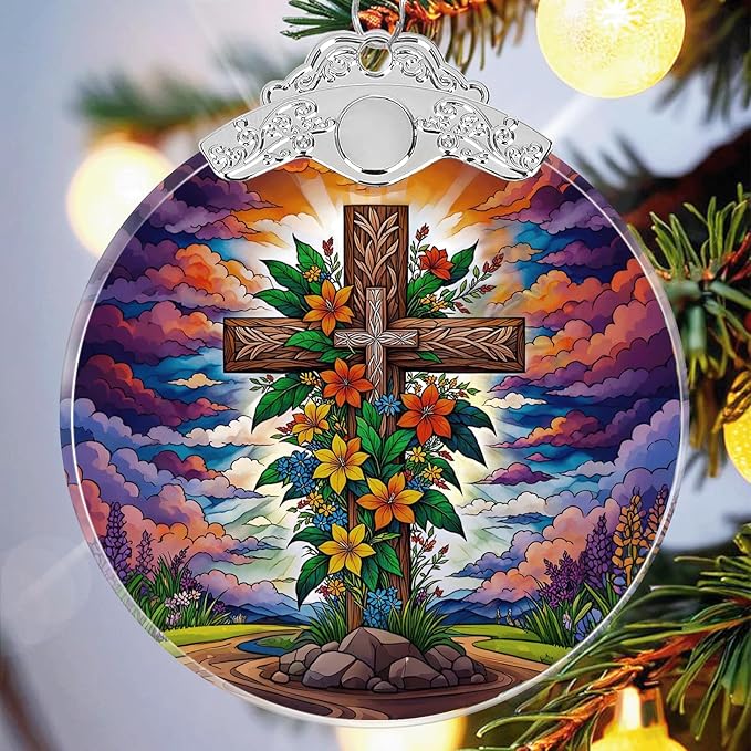 Cross Religious Christmas Ornaments Crystal Glass with Gift Box, Christian Ornament for Christmas Tree Xmas Decorations, Holiday Keepsake Present Exchange Ideas