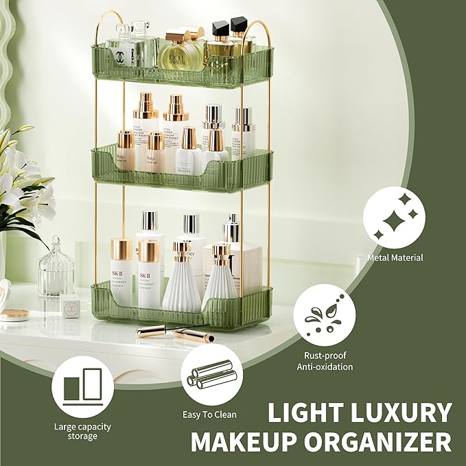3 Tier Bathroom Organizer Countertop Makeup Perfume Skincare Organizer for Bathroom Dresser Vanity (Green)