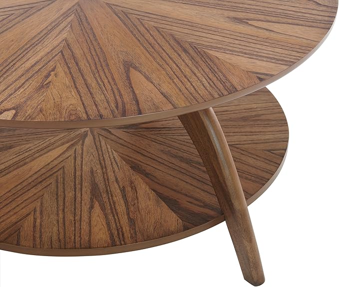 Martin Svensson Home Round Wood Retro Mid-Century Modern Round Wood Coffee Table with Lower Shelf, Cocktail Table for Living Room or Den. Nutmeg Brown.