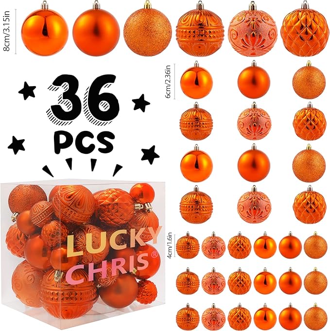 Christmas Ball Ornaments Copper Orange Christmas Tree Decorations with Hang Rope-36pcs Shatterproof Christmas Ornaments Set with 6 Styles in 3 Sizes(Small Medium Large)
