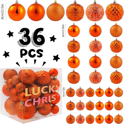 Christmas Ball Ornaments Copper Orange Christmas Tree Decorations with Hang Rope-36pcs Shatterproof Christmas Ornaments Set with 6 Styles in 3 Sizes(Small Medium Large)