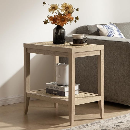 SICOTAS Boho Rattan Nightstand Bedside Table - Farmhouse Narrow Accent End Table, Light Oak