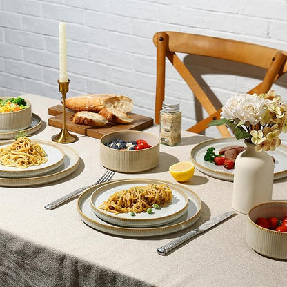 MONITO Ceramic Dinnerware Sets for 6, 18PCS Stoneware Plates and Bowls Sets, Reactive Glaze Dish Set, Chip and Scratch Resistant Double, Microwave and Dishwasher Safe, Beige