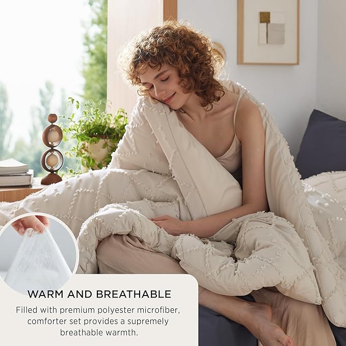 Bedsure Twin Comforter Set - Beige Comforter, Boho Tufted Shabby Chic Bedding for Kids, 2 Pieces Vintage Farmhouse Bed Set for All Seasons, Fluffy Soft Bedding with 1 Pillow Sham