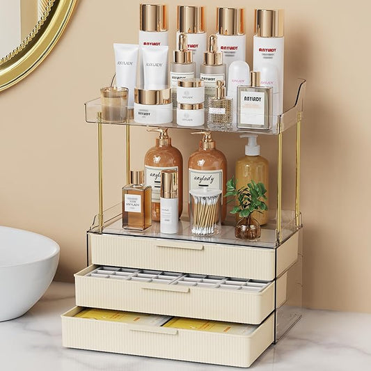 Bathroom Organizers and Storage, Makeup Organizer (Sturdy Durable Attractive), Ideal for Vanity, Countertop, Counter, Perfume, Skincare, Cabinet, Cosmetic, Dresser Organizer (Cream)