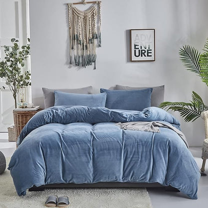 Pureant Blue Fluffy Comforter Set King Lake Blue Velvet Bedding Comforter Sets for Men Boys Solid Color King Comforter Soft Plain Grayish Quilts Haze Blue Flannel Blankets Breathable