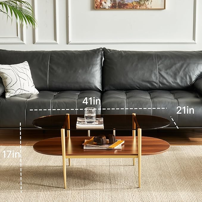 Saint Mossi Oval Glass Coffee Table for Small Living Room, Double Layer Glass and Wood Center Table, Brown Glass & Coffee Brown MDF Bottom Shelf, 41”x21 x17, Gold Table Legs