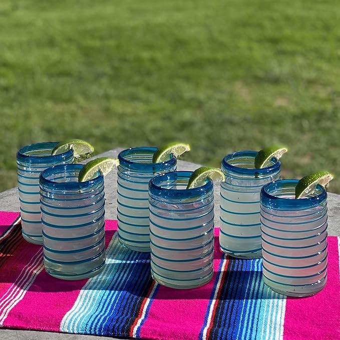 Hand Blown Mexican Drinking Glasses – Set of 6 Glasses with an Aqua Spiral Design (14 oz each) …
