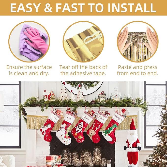 12 Pack 10 Feet Metallic Foil Fringe Garland Tinsel Streamers Banner, Champagne Gold Wall Hanging Tinsel Fringe Banners for Parade Floats, Wedding, Birthday, Christmas, New Year Party Decorations