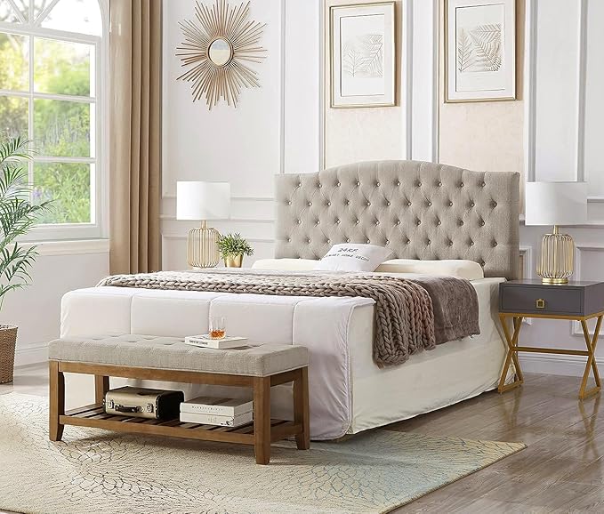 24KF Large Rectangular Upholstered Tufted Linen Fabric Ottoman Bench, Padded Bench with Solid Wood Shelf-Linen