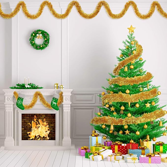 WILLBOND 50 ft Christmas Tinsel Garland Metallic Tinsel Twist Garland Christmas Tree Decorations New Year Wedding Birthday Hanging Decorations Party Supplies, 3 Inch(Gold)