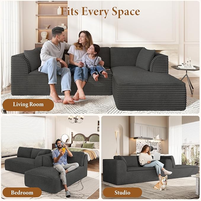 Vesgantti 106" Modular Sectional Sofa with Chaise, Deep Seat Comfy Cloud  Corduroy L Shaped Sofa Sectional for Living Room Bedroom, No Assembly Required (Grey, Right-Facing Chaise)