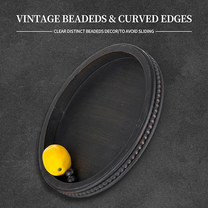Hanobe Decorative Tray: Modern Farmhouse Beaded Round Tray Decor Rich Dark Brown Circle Wooden Ottoman Serving Platter for Centerpieces Kitchen Counter Bathroom