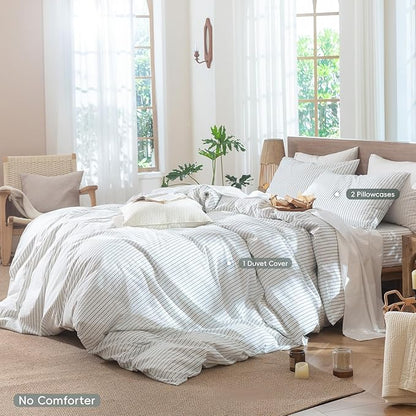 MooMee Striped Duvet Cover Set 100% Washed Cotton Linen Like Textured Breathable Durable Soft Comfy (White Heathered Green Wide Stripes, Super King 108"x98")