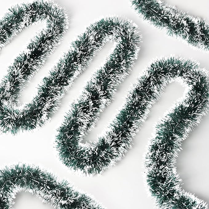 50 Feet Green White Christmas Tinsel Garland Metallic Twist Shiny Garland for Christmas Tree Decorations, Xmas Hanging Decor Xmas Tree Decor for Home Office Mantle Indoor Outdoor Holiday Party