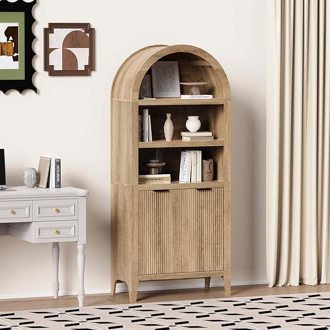 blini Arched Cabinet Bookshelf Oak Arch Bookcase with Doors, Wooden Curved Book Case 5-Tier Tall Round Top Bookshelves for Living Room