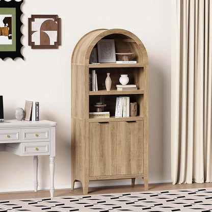 blini Arched Cabinet Bookshelf Oak Arch Bookcase with Doors, Wooden Curved Book Case 5-Tier Tall Round Top Bookshelves for Living Room