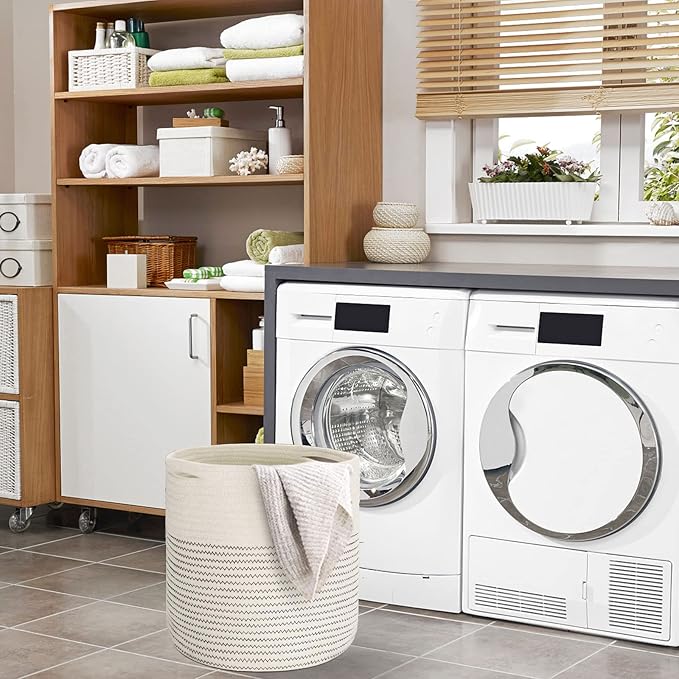 Woven Cotton Rope Plant Basket for 11 12" Flower Pot Floor Indoor Planters, Decor Basket for Plants Storage Organizer Modern Home Decor (12" x 12", White)