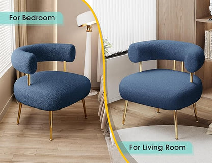 Mid Century Sherpa Boucle Accent Chair, Round Upholstered Barrel Arm Chair for Small Spaces, Fluffy Side Corner Chair for Living Room, Bedroom, Vanity, Office, Reading Nook(Navy Blue)