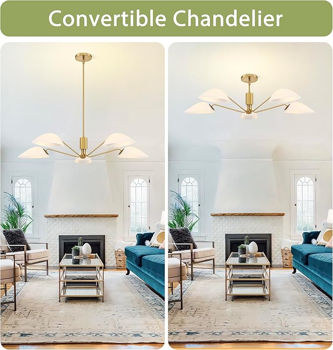 MEXO Modern Glass Chandeliers, Sputnik Chandelier Gold Pendant Lighting Fixture Glass Shade Ceiling Light for Dining Room Kitchen Island