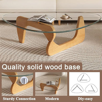 Mid Century Modern Glass Coffee Table, Small Coffee Table for Living Room, Elegant and Functional Coffee Tables, Suitable for Bedroom Living Room Reception Office Tables（Wood/Transparent，Small）