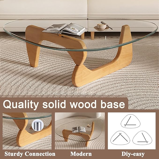 Modern Glass Coffee Table for Living Room, Mid Century Coffee Tables, Suitable for Bedroom Living Room Reception Office Tables（Wood/Transparent，Large）