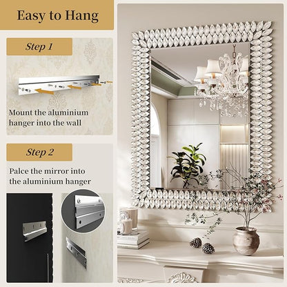 Kelly Miller Jeweled Luxury Bathroom Mirror for Wall, 24"x36" Rectangle Wall Mirror Decorative Mirror Vanity Mirror with Diamonds for Master Bath Half Bath Living Room Bedroom Fireplace Mantle Hallway