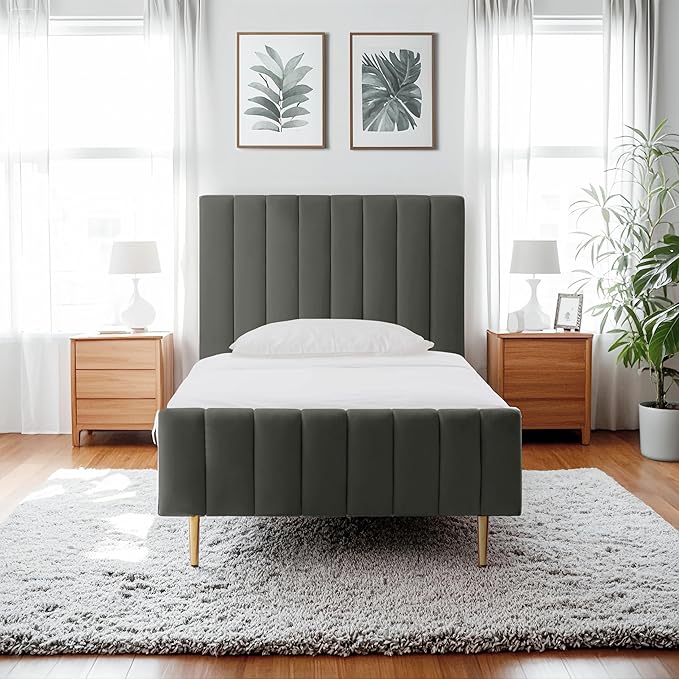 Livinia Twin Size Elton Velvet Platform Bed, Upholstered Bed Frame with Vertical Channel Tufted Headboard Footboard, Strong Wood Slats, No Box Spring Needed, Gray (Twin)